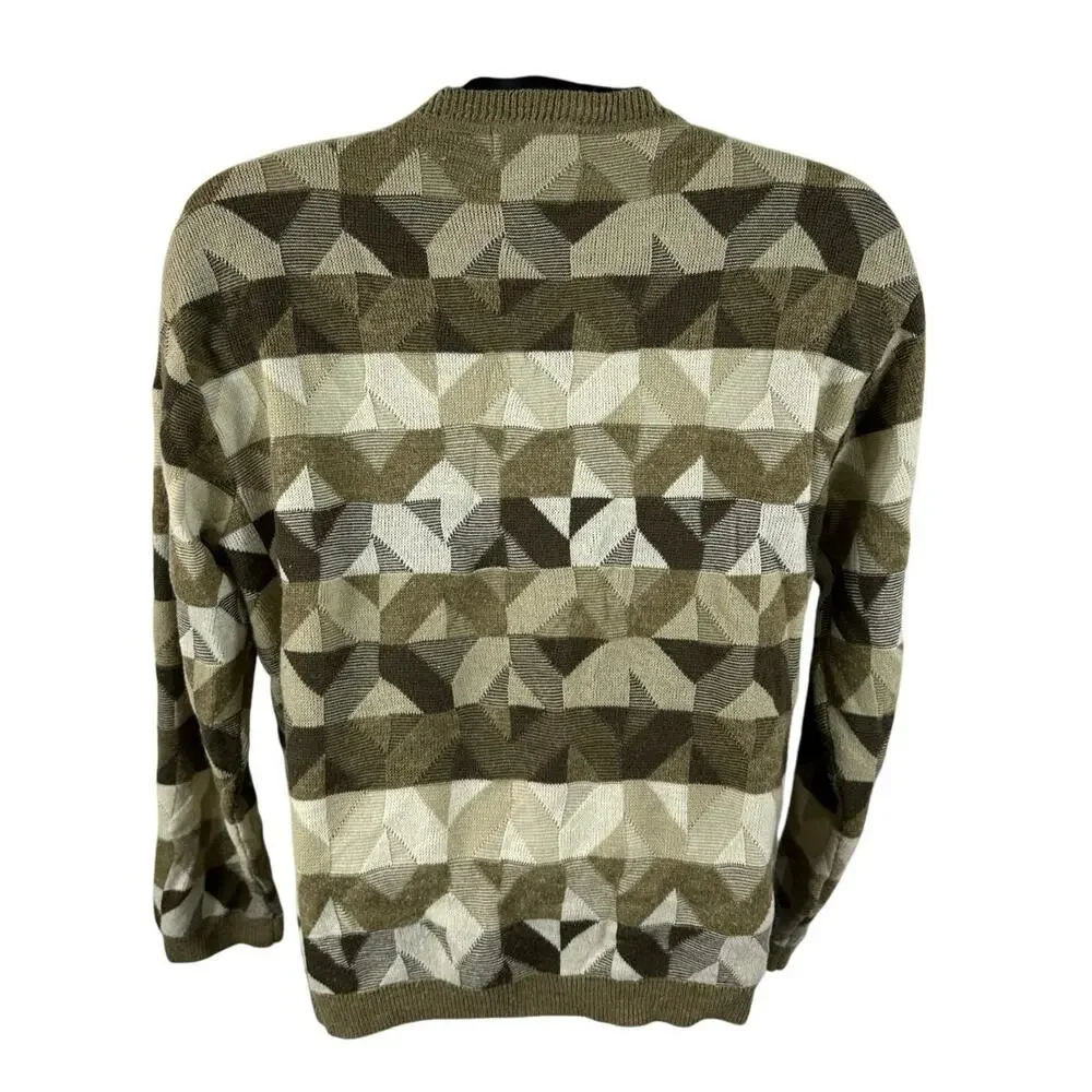 Vintage Geometric Print Wool Blend Crew Sweater Knit Brown Large Crazy Horse